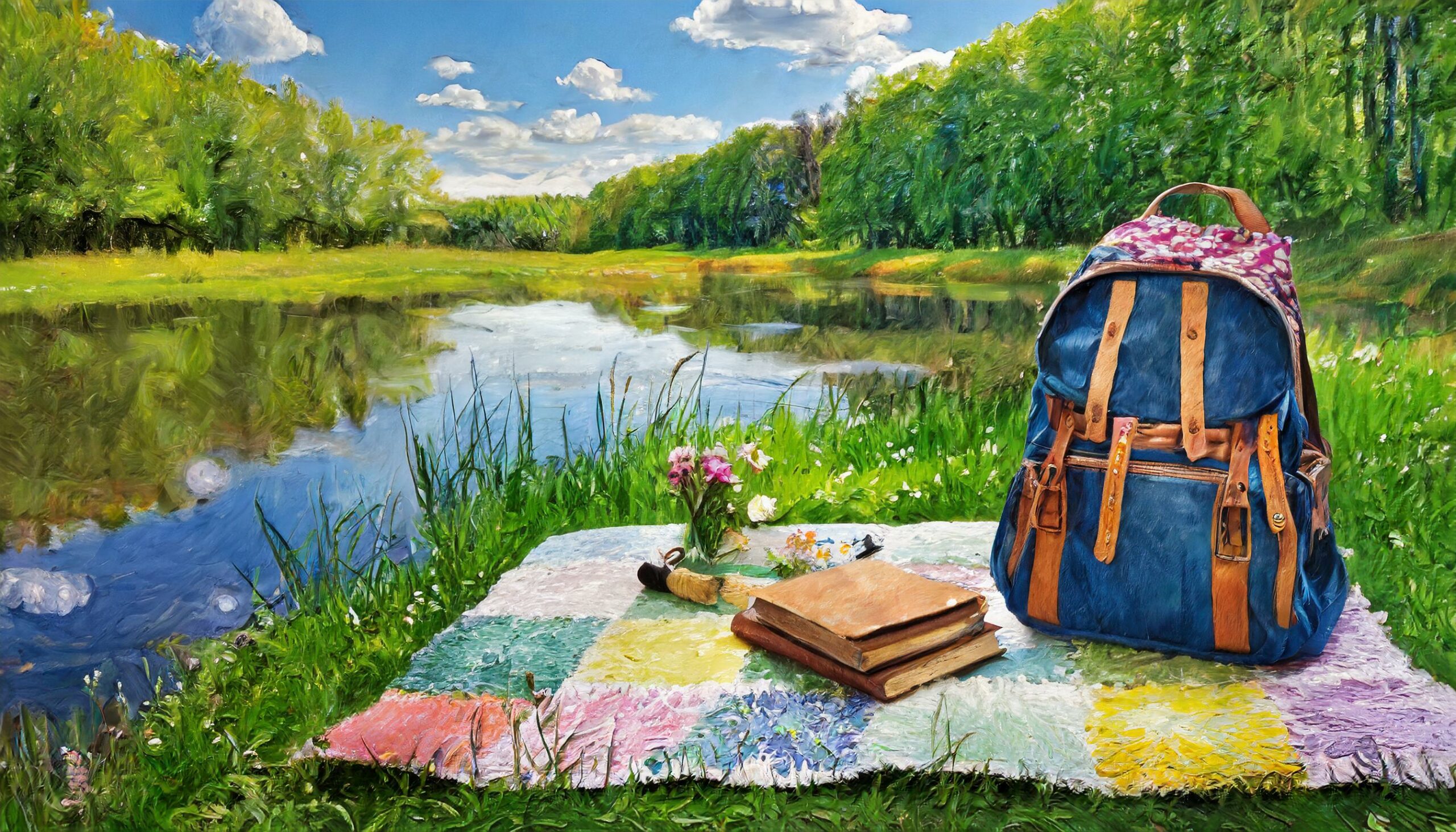 Tilkkutäkki Taustalla metsää, lampi, ranalla tilkkutäkki jonka päällä reppu, kirjoja ja kukkia
