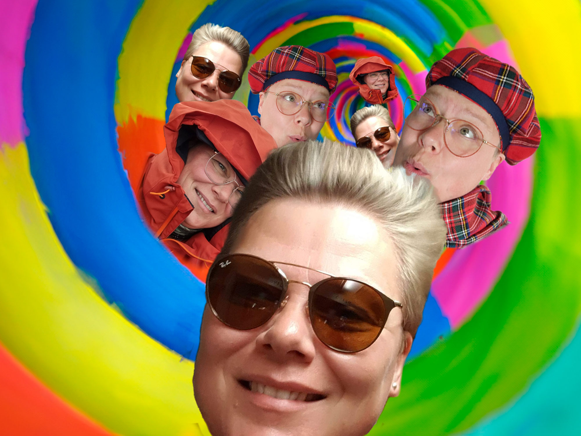 Värikäs pyöreä tunneli jossa ihmisen kasvoja